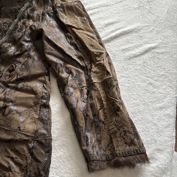 Vintage Talenti Italy Shearling Coat Brown Embossed Leather Fur Trim M-L - Picture 7 of 16